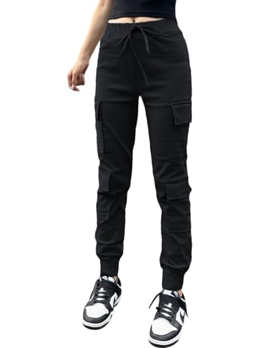 Nuofengkudu Petite Pantalones Cargo Mujer Elasticos Harem Pantalon con Bolsillos Stretch Cintura Tobillo Pantalón Chica Joven Punk Deportivo Jogging Jogger Pants Hip Hop Moda Casual Negro XL
