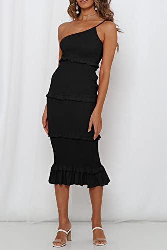 Image of PRETTYGARDEN Women's Summer Midi Bodycon Dresses One Shoulder Strappy Tiered Ruffle Floral Boho Sun Dress