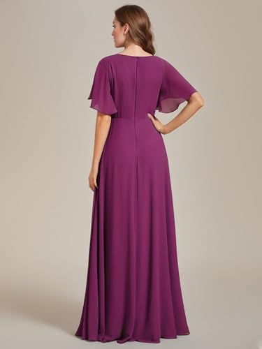 Image of Ever-Pretty Women's Spring Short Sleeve Bridesmaid Dresses V-Neck Chiffon Ruched Empire Waist Appliques Long Formal Dress