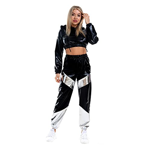 IMEKIS Damen Glänzende Metallic Trainingsanzug Jogginganzug Sportanzug Langarm Kapuzen Crop Top und Cargohose 2er Hosenanzug Hausanzug Nachtclub Performance Tanzbekleidung Schwarz Medium Cover