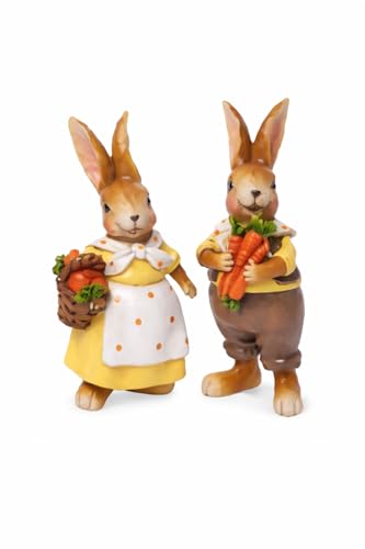 Logbuch-Verlag Juego de 2 conejos de Pascua sentados con zanahorias, figuras decorativas de 13 cm de polirresina, decoración de primavera en marrón, naranja y blanco, decoración de Pascua para colocar