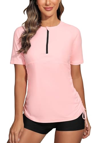 Halcurt Camiseta de manga corta con cremallera para mujer, con fruncido UPF 50, para mujer, Rosado y gris, XX-Large