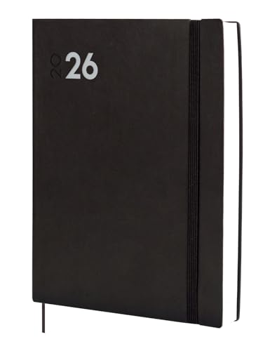 Finocam - Agenda 2026 1 Día Página | Enero - Diciembre (12 meses) | Agenda Anual 2026 con goma elástica y cinta punto| Tapa Blanda Mara - Negro - Español