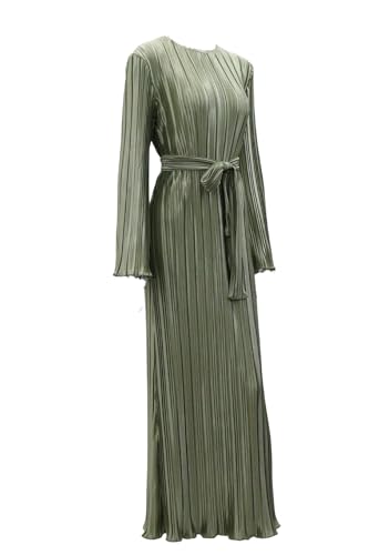 Image of Pluto & Fox Women's Crew Neck Plisse Maxi Dress Long Sleevele Flared Cuffs Belted Pleated Party Cocktail Wedding Guest Dress