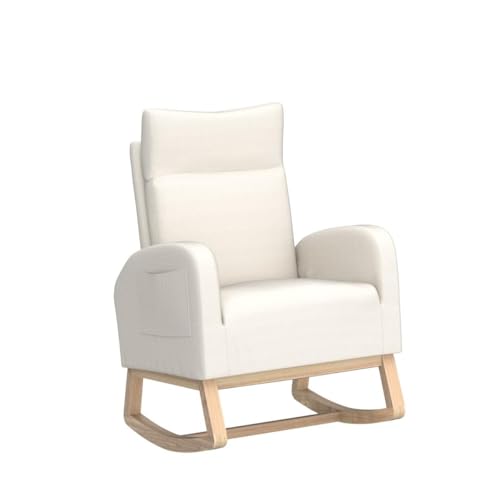 JEEOHEY Rocking Chair Nursery,Upholstered Baby Glider Rocker Chair,Comfy Accent Arm Chair with Side Pockets&Solid Wood Legs,Modern Nursing Single Sofa Chair for Living Room,Bedroom(Fabric-Beige)