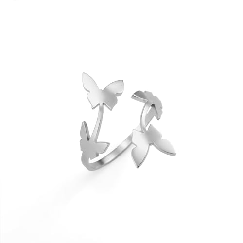 Dreamtimes Anillos de mariposa para mujer Anillos de fiesta de mariposa ajustable Anillo abierto de pulgar Anillo de boda minimalista Anillo de banda apilable en el dedo de la cola (Plata)