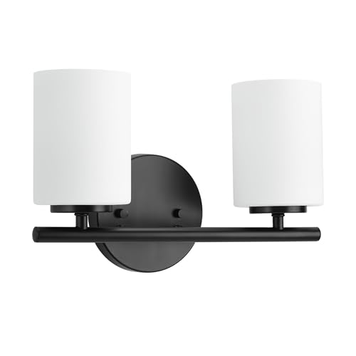 Image of Progress Lighting 2-Light Bathroom Vanity Light, Modern Bath Lighting Fixture with Etched White Glass Shades for Over the Mirror, Reversible Mounting, Replay Collection, Textured Black