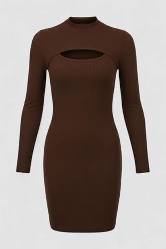Image of Women's Ribbed Bodycon Mini Dress, Mock Neck, Long Sleeve, Cut-Out Detail, Black, Brown, Green
