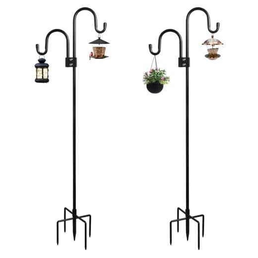 Whonline Double Shepherds Hooks for Bird Feeders with 5 Base Prongs Heavy Duty Two Sided Garden Pole for Hanging Plant Baskets Solar Light Lanterns Garden Plant Hanger Stands 2 Pack 92 Inch
