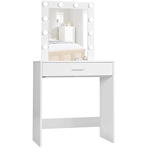 Reettic Makeup Vanity Table with Lighted Mirror, Vanity Desk with Drawers, Bedroom Dressing Table,9 LED Blubs & Adjustable Brightness, for Women, Mother, Wife, White RSZT102W Cover