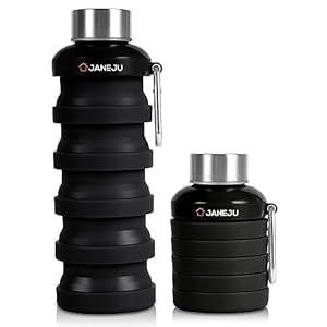 JaneJu Collapsible Water Bottle, 17oz BPA Free Silicone Reusable Portable Lightweight Foldable Water Bottles with Carabiner, Portable Leak Proof Sports Water Bottle (Black)