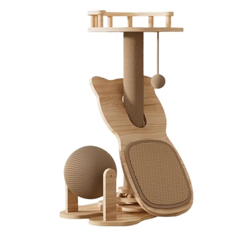 WIOLEキャットタワー 天然サイザル麻 無垢合板 小型キャットタワー 回転ボール サイザル麻爪とぎ板 回転式天板 猫ベッド 吊り下げボール 多機能 遊びと睡眠が一体 爪とぎマット 猫用おもちゃ 無垢材 猫用品 インタラクティブ (フェンスの種類)