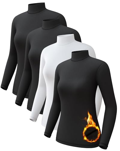 4 Pack Women's Thermal Shirts Turtle Neck Long Sleeve Baselayer, XS