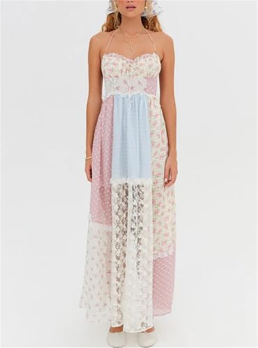 Image of Women Halter Ruched Maxi Dress Backless Sleeveless Long Dress Bodycon See Througn Pleated Sundress Beachwear