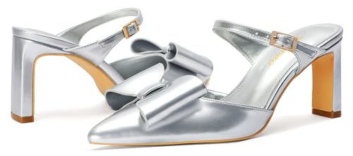 Heels for Women Closed Toe Bowkont Pumps Sexy Pointed Toe Ankle Buckle Strap Slip On Chunky Mid Heels Wedding Bridal Party Shoes4