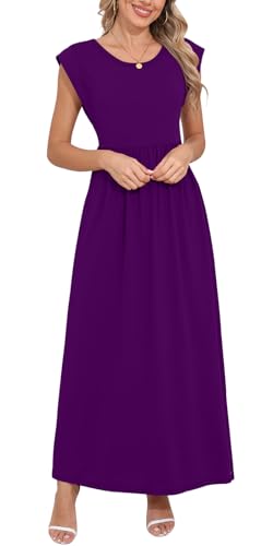 Image of DB MOON Womens 2026 Maxi Dresses Empire Waist Long Summer Dress Casual Cap Short Sleeve Sundress with Pockets