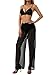 Michellecmm Women Sexy See Through Sheer Mesh Loose Bottoms, Swimsuit Bikini Cover Up, High Waist Wide Leg Pant C Black