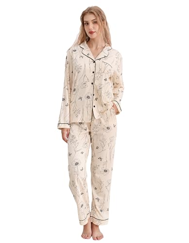 100% Cotton Pajamas for Women 2 Piece PJs Set Long Sleeve with 3 Pockets Button Down Breathable Sleepwear XS-XXL