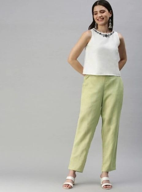 Image of D K W Women's Mid Rise Relaxed Fit Cotton Flex Trousers with Elastic Back & Drawstring - Ideal for Winter, Formal, Office & Casual Wear, Comfortable for Girls and Women