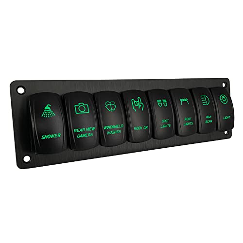 Image of 8 Gang RZR Rocker Switch Panel Pre-Wired Aluminum Green Led Marine Grade Boat Switch Panel for Truck Pontoon Camper ATV Jeep Wrangler Console Waterproof 12V 24V IP66