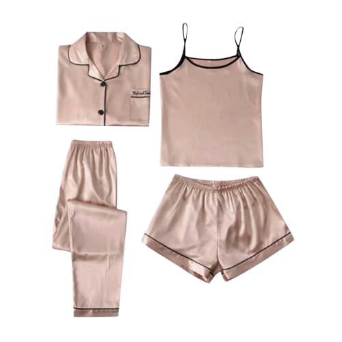 Pijama de satén para mujer, elegante, juego de 4 piezas, pijama de invierno para mujer, monocolor, sexy, ropa de dormir, cómoda, ropa de dormir, ropa de casa, ropa de casa, ropa de casa, traje de