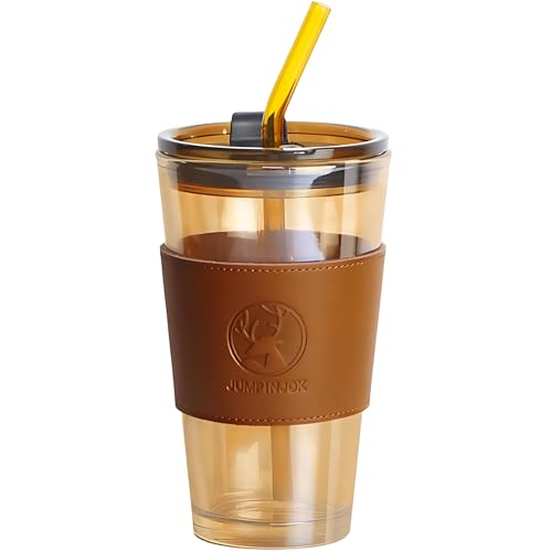 Image of Coffee Sipper Mug with Leather Sleeve, Clear Drinking Glasses Tumblers with Straws and Lids for Iced Tea, Juice, Cocktail, Smoothies Cold & Hot Drink Cups (450ML, Pack of 1, Brown)