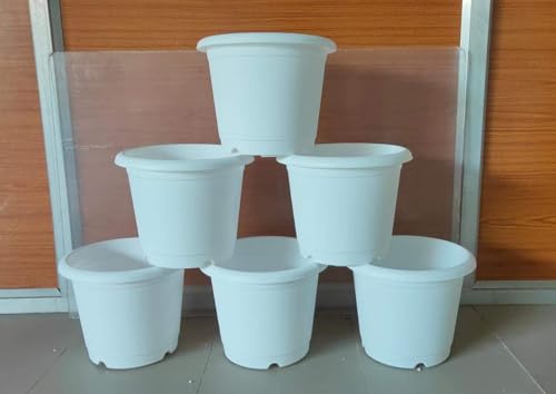 Image of Synergy Plast Plastic Round Shape Flower Pots 6 Pcs, 10 Inch Heavy Duty Plant Containers /Planter /Gamla /Plant Pot for Gardening, Balcony, Terrace, Home Decor Indoor & Outdoor Planting (White)