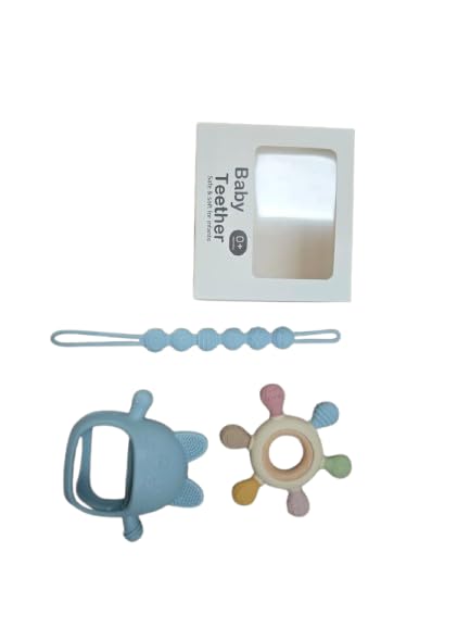 Image of 3 Packs Baby Teething Toys for 0-12 Months Babies, Silicone Pacifier with Teething Mittens and Silicone Teethers for Babies, Soft Handheld Teether Baby Chew Toys for Infants, (Blue)