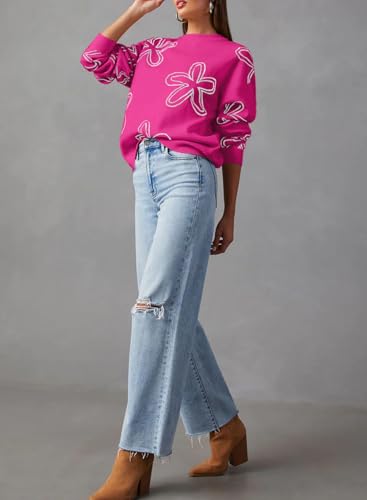 Dokotoo Sweaters For Women Stylish Relaxed Round Neck Floral Printed Long Sleeve Pullover Sweaters Cute Comfy Lightweight Solid Dropped Shoulder Knitted Sweater Tops Outerwear Rose Red L thumb #1
