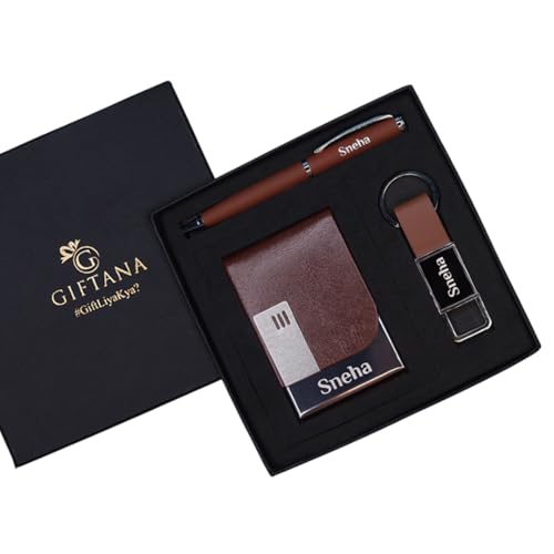 Image of Giftana Personalized Keychain with Pen and Card Holder with Name, 3 in 1 Customized Corporate Gift Set for Men and Women, Personalised Gifts for Employee (Brown)