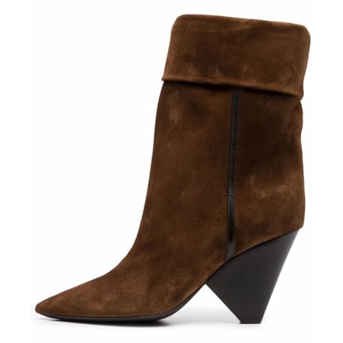 FOWT Women Pointed Toe Mid Calf Boots Special Chunky High Heel Booties Pull on Party Winter Western Shoes Size 4-16 US2