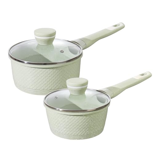 Juego de cacerolas de 16 + 18 cm con tapa, 2,0 L+1.5 L antiadherente, para todas las cocinas, incluida inducción, 100% libre de PFAS y PFOA, mango de baquelita que se mantiene frío y tapa de cristal