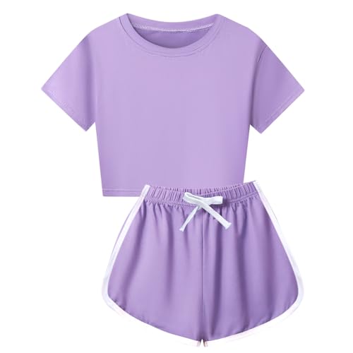 Toddler Kids Summer Sport T-Shirt and Shorts Set Teen Girls Fitted Plain Color Crop Tops Soft Crewneck Cotton Tee Shirt