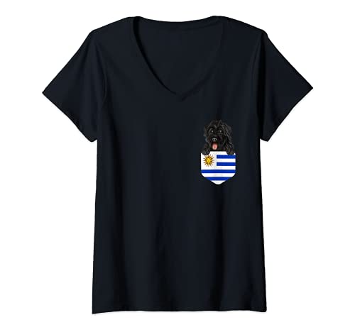 Womens Uruguay Flag Bouvier des Flandres Dog In Pocket V-Neck T-Shirt, Black