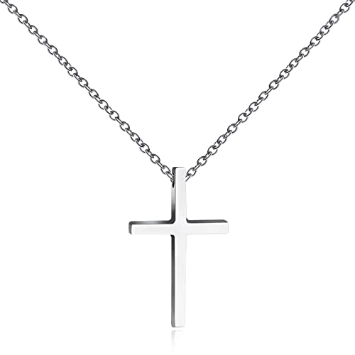 RIMOBUL Silver Cross Necklaces for Men and Women, Silver Polished Big Beveled Edge Cross Necklaces 316L Stainless Steel Cross Pendant Necklace, Length 23 Inches Silver Chain (Silver:Cross Pendant 1.2" X 0.7")