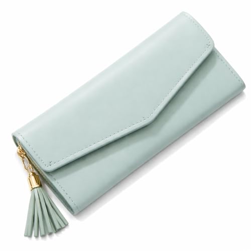 Carteira Feminina Grande Estilo Envelope com Zíper, Pingente Coração e Borla, Porta Cartões, Elegante e Moderna (Verde claro)