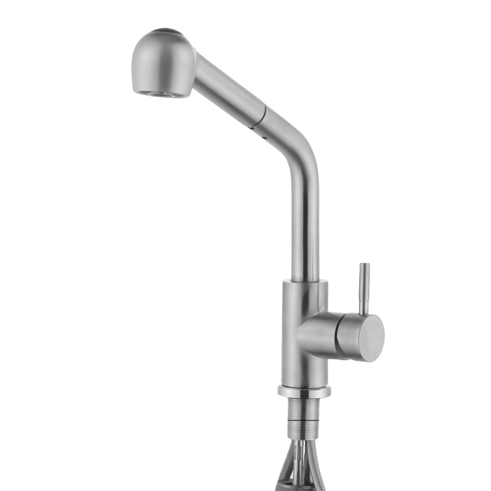 Grifo de Cocina Giratorio 360°, Extraible, Pared Lavadero, de Acero Inoxidable, con Ducha, Acero Inoxidable 304, Alta Presión, Monomando, Cepillado