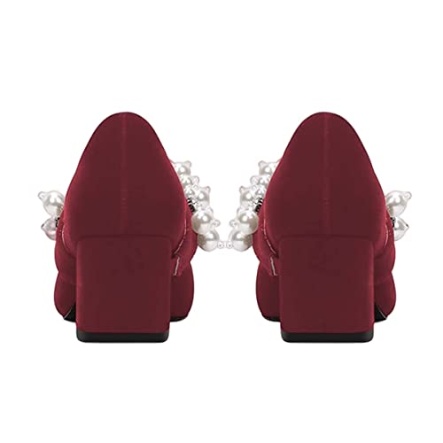 XYD Women's Pointed Toe Chunky Pumps Slip On Mary Jane Single Strap with Pearl Studs Mid Heels Stylish Party Dress Shoes4