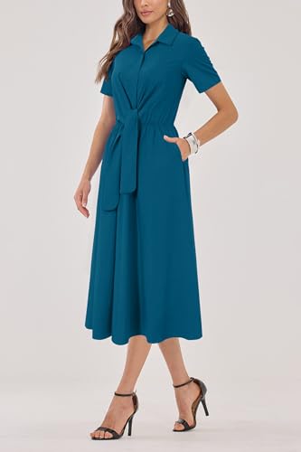 Image of Newshows Women's Work Business Casual Outfits Tie Waist Midi Shirt Dress | Lightweight & Breathable Easy-care Fabric, Side Pockets, Decent Professional Attire, Church Office Funeral Outfits
