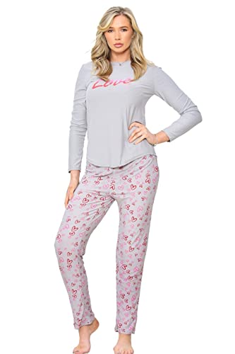 UC Ex High Street Brand Long Sleeve Pyjama Sets for Women, Ladies Love Hearts Lounge Wear PJs Nightwear Grey