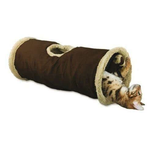 Raxter Cat Tunnel Tube 2 Way Collapsible Pet Play Tunnel with Interactive Feather Teaser Toy Foldable Soft Crinkle Dog Tunnel Toys for Indoor Cats, Kitty, Rabbits, Puppy & Guinea Pig (Brown)