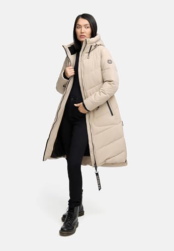 MARIKOO Damen Winterjacke Stepp Winter Jacke gesteppter Wintermantel warm lang Mantel [B949-Benik-Light-Taupe-Gr.S]
