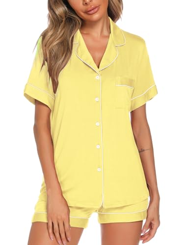 Image of Aamikast Button Up Pajama Set for Women Shorts Short Sleeve Knit Sleepwear 2 Pice Pjs Sets