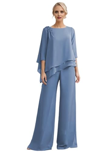 2 Pieces Mother of The Bride Pant Suits - Lace Applique Chiffon 3/4 Sleeve Ruffle Wedding Formal Outfit for Women Dressy