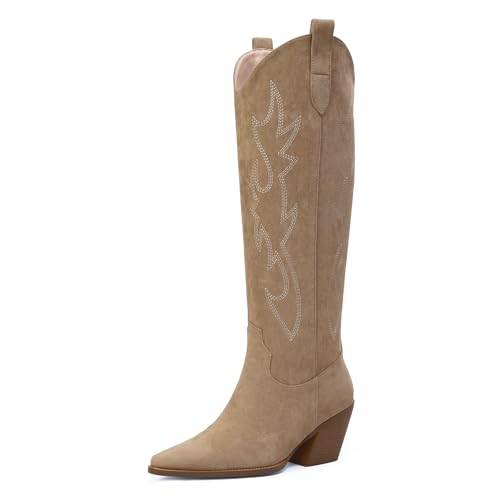 Image of iiimmu Cowgirl Boots Women Knee High Boots Pointed Toe and Block Heel Cowboy Suede and Faux Leather Boots with Embroidered