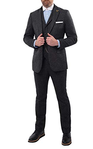 Loch Hart Mens Grey Herringbone Tweed 3 Piece Suit Velvet Trim-42S