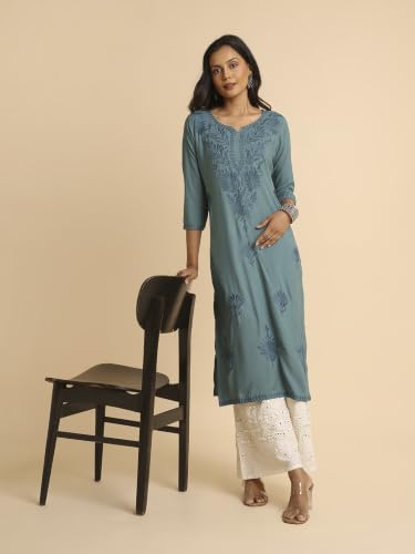 Image of RATAN Rayon Straight Lucknowi Chikankari Ethnic Wear Kurta for Women