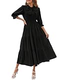 ZESICA Women's Casual Half Sleeve Tie V Neck Elastic High Waist Solid Color Flowy Tiered A Line Beach Party Maxi Dress,Black,Large