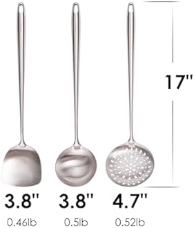 17” Wok Spatula and Ladle, Skimmer Spoon - 304 Stainless Steel Wok Tools Set, 3-Pieces Extra Long Handle Cooking Tools, All Metal Wok Utensils and Wok Accessories for Cast Iron/Carbon Steel Wok