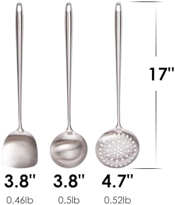 17” Wok Spatula and Ladle, Skimmer Spoon - 304 Stainless Steel Wok Tools Set, 3-Pieces Extra Long Handle Cooking Tools, All Metal Wok Utensils and Wok Accessories for Cast Iron/Carbon Steel Wok